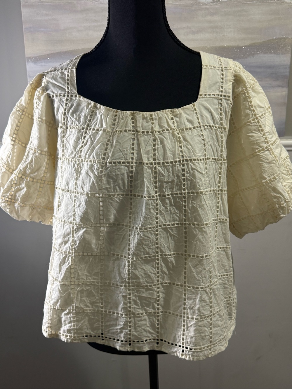 MELLODAY Cream Eyelet Square Neck Puff Sleeve Blouse